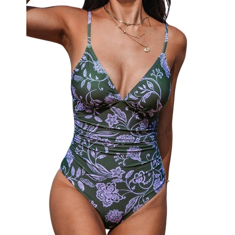 Green Floral V-Neck One-Piece Swimsuit by